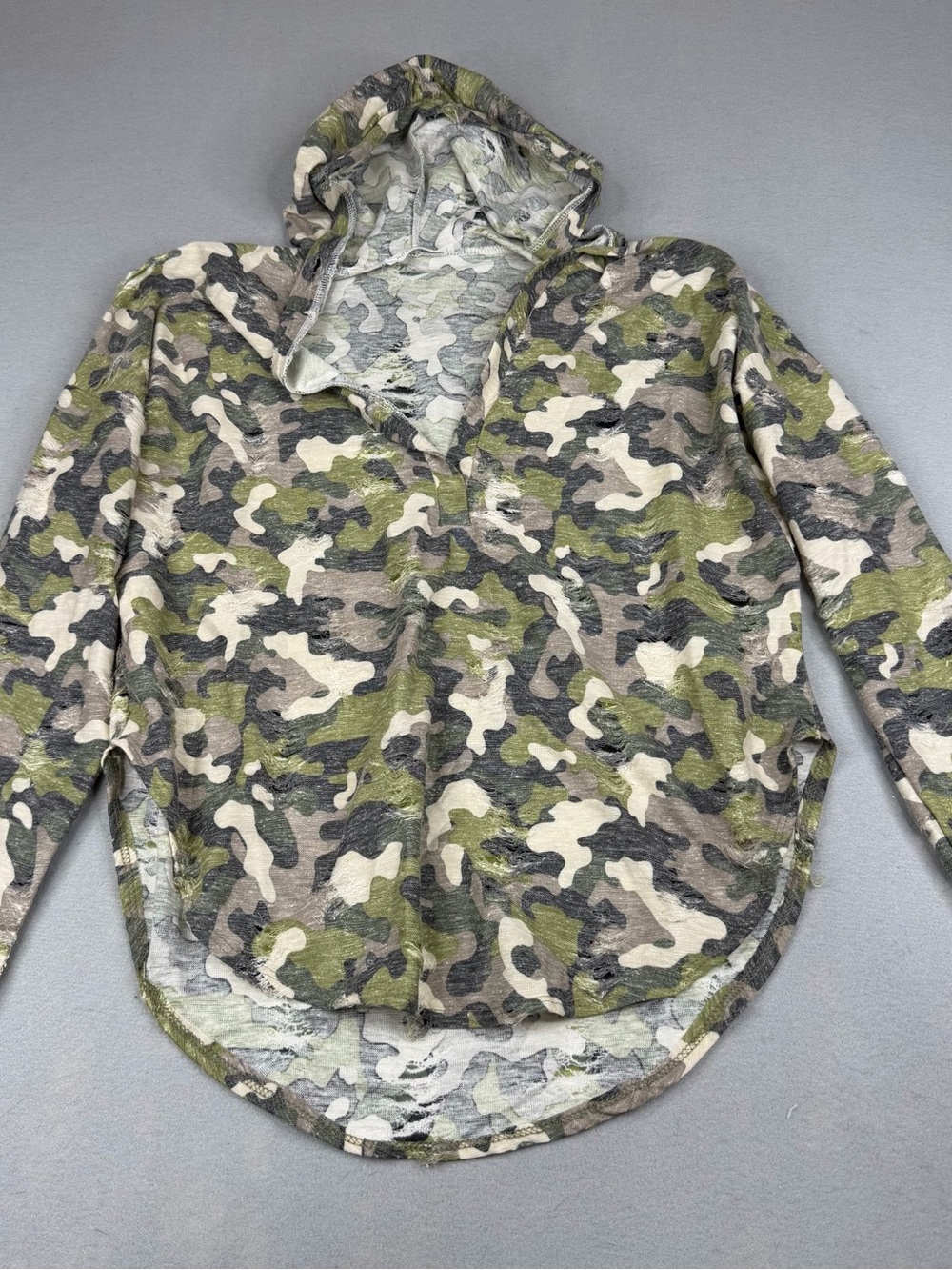 Honey Punch Distressed Camo Hooded Top Small Y2K Grunge Burnout USA